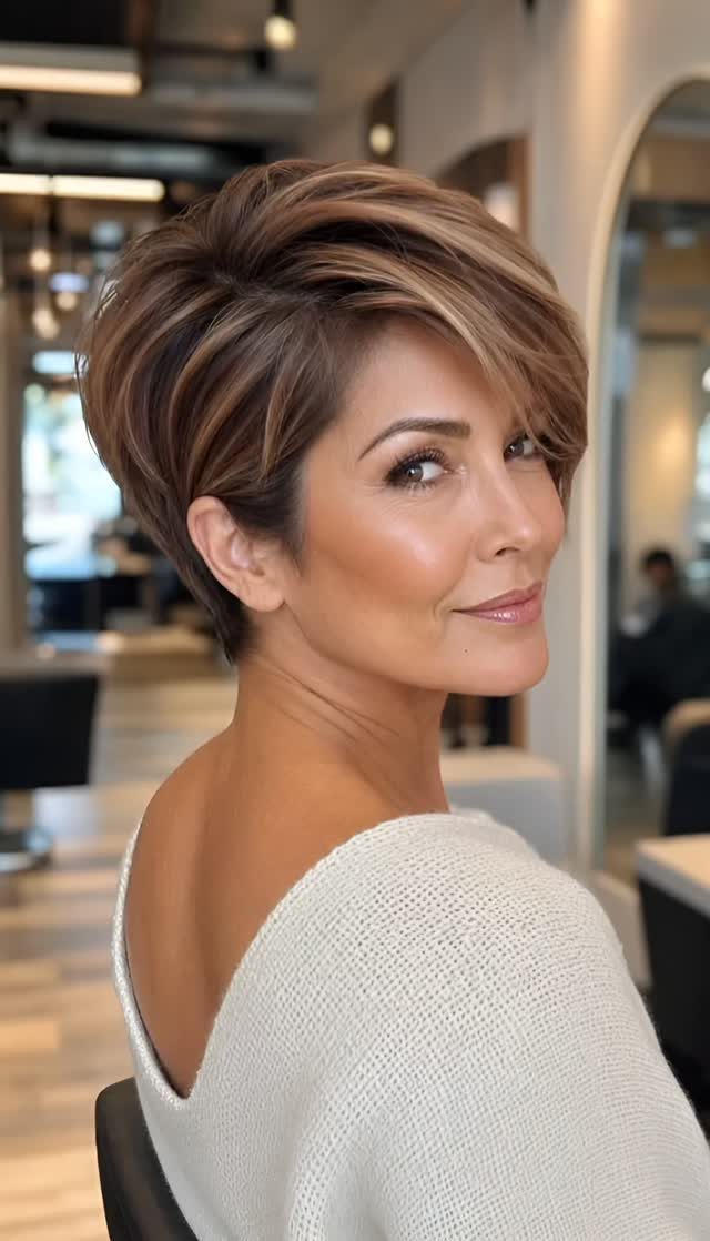 Short brunette hair with lighter caramel ribbons styled in layered waves