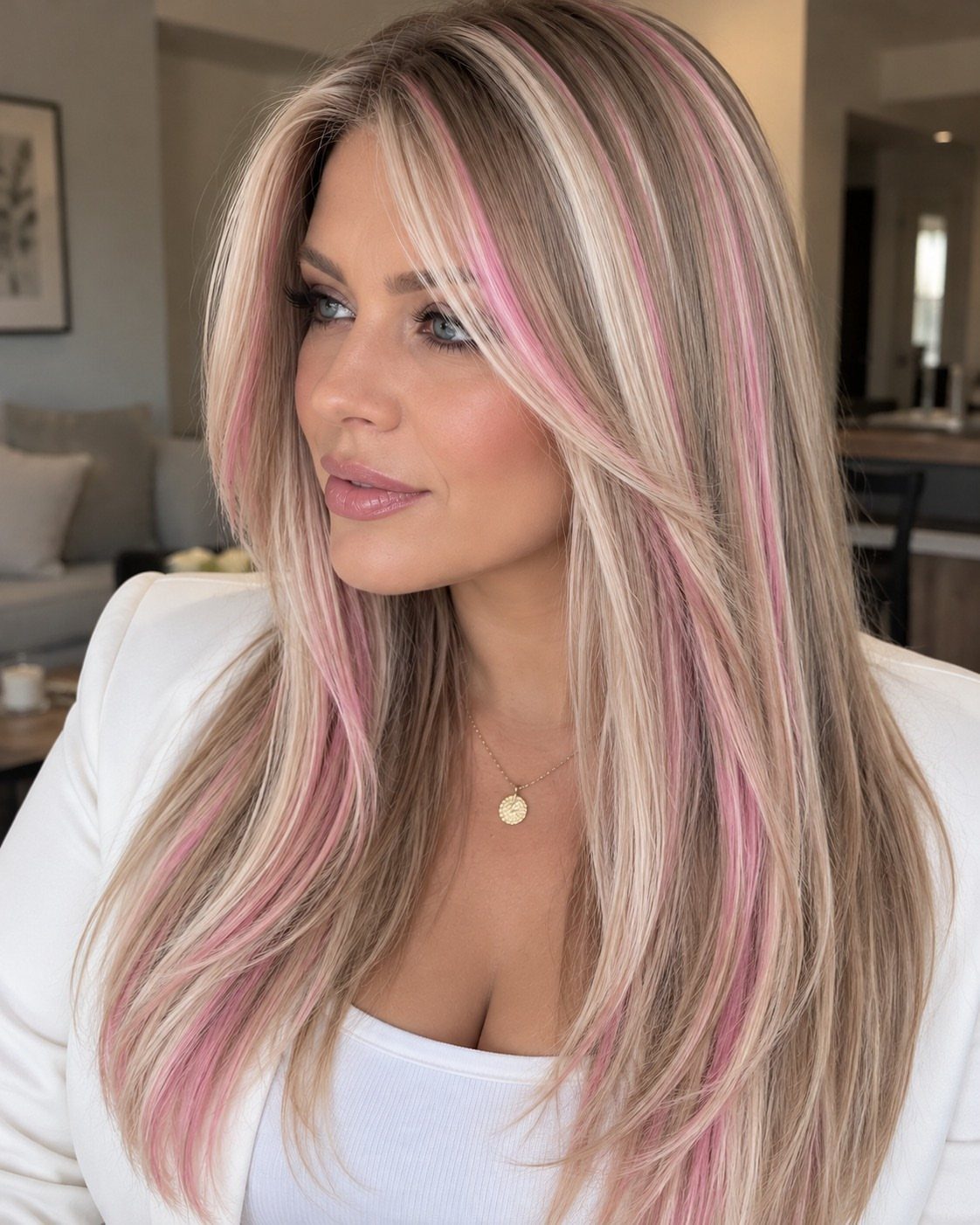 Woman with long beige-blonde hair and dusty pink streaks