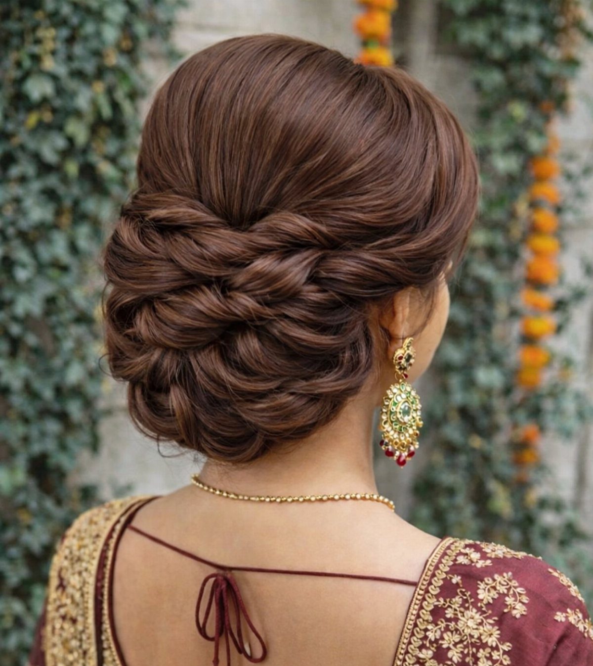 Woman wearing an intricate low braided updo with jeweled earrings