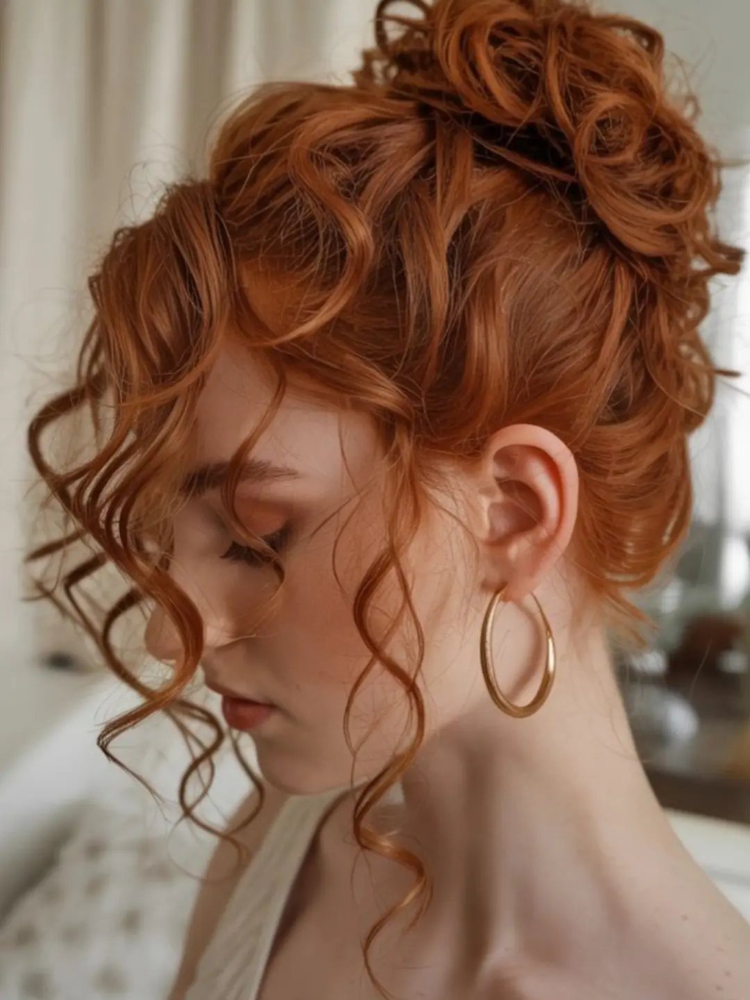 Copper-haired woman wearing a crown updo with loose cascading curls
