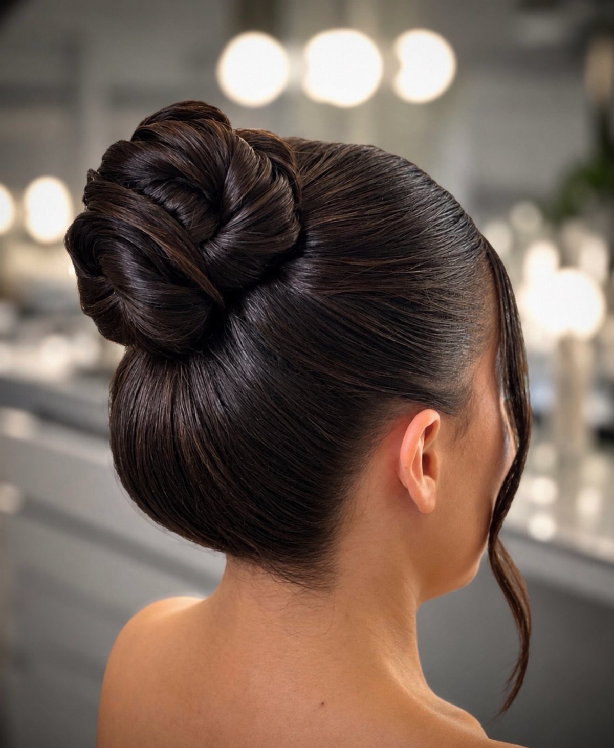 Sculpted dark updo with a looped bun and glossy swept-back hair