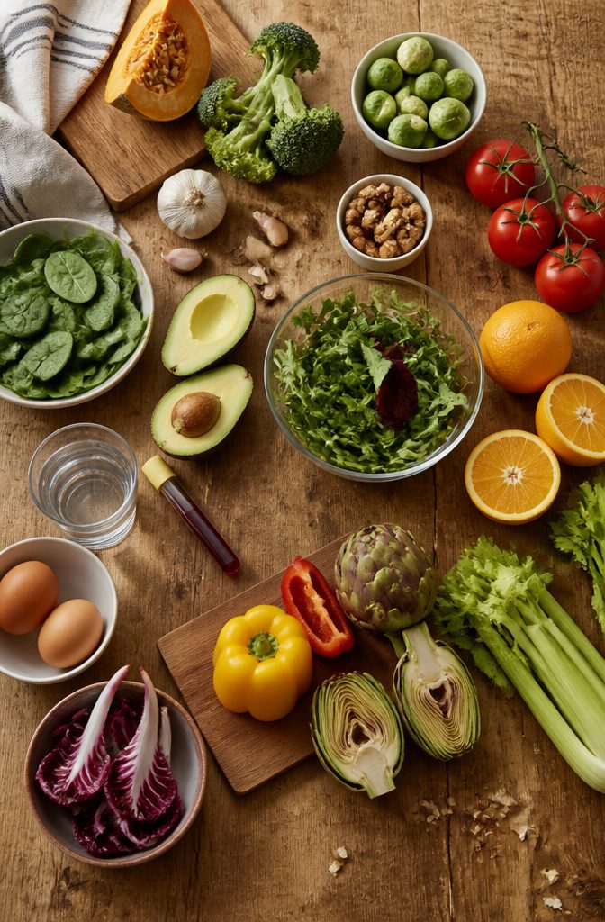 Blood test tube beside broccoli spinach avocado garlic tomatoes citrus nuts and eggs