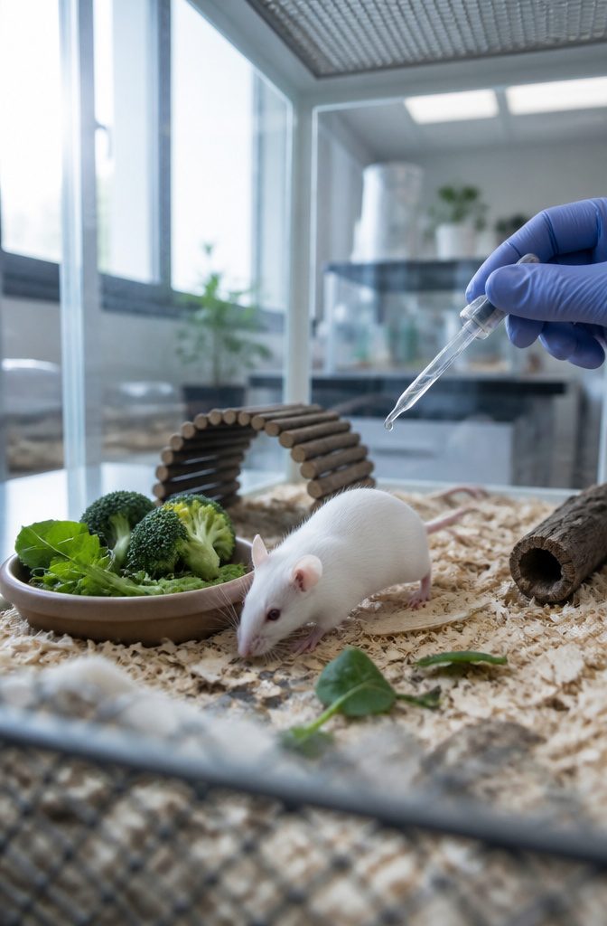 Laboratory mouse beside luteolin compounds and hair pigment research materials