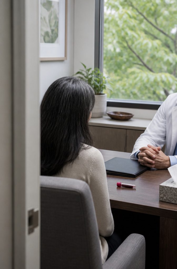 Patient and physician seated across a clinic desk with blood test tube