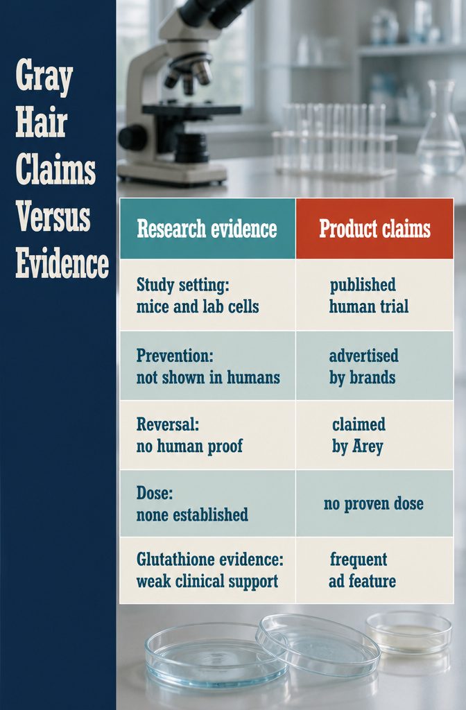 Chart comparing gray hair supplement claims with human research evidence