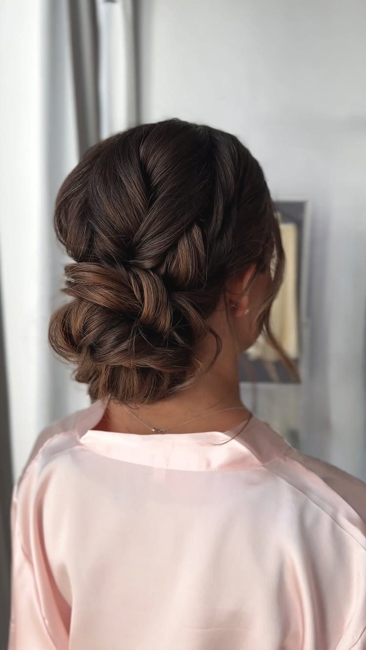 Dark hair twisted into a low bun at the nape above a pale pink robe