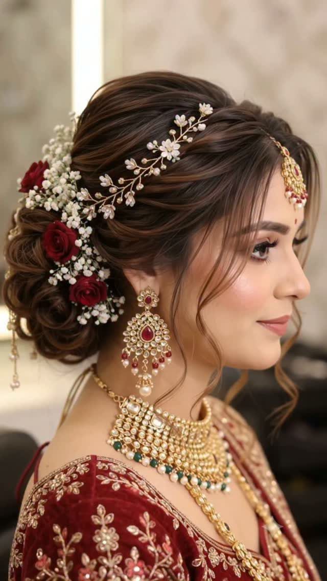 Bride wearing a floral updo with jeweled accessories and ornate gold jewelry