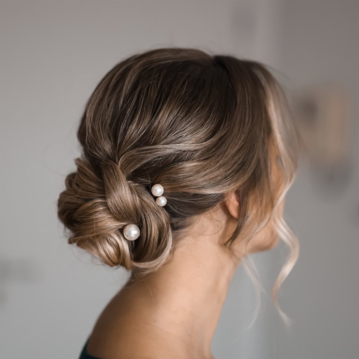 Low twisted bun adorned with pearl pins in glossy brown hair