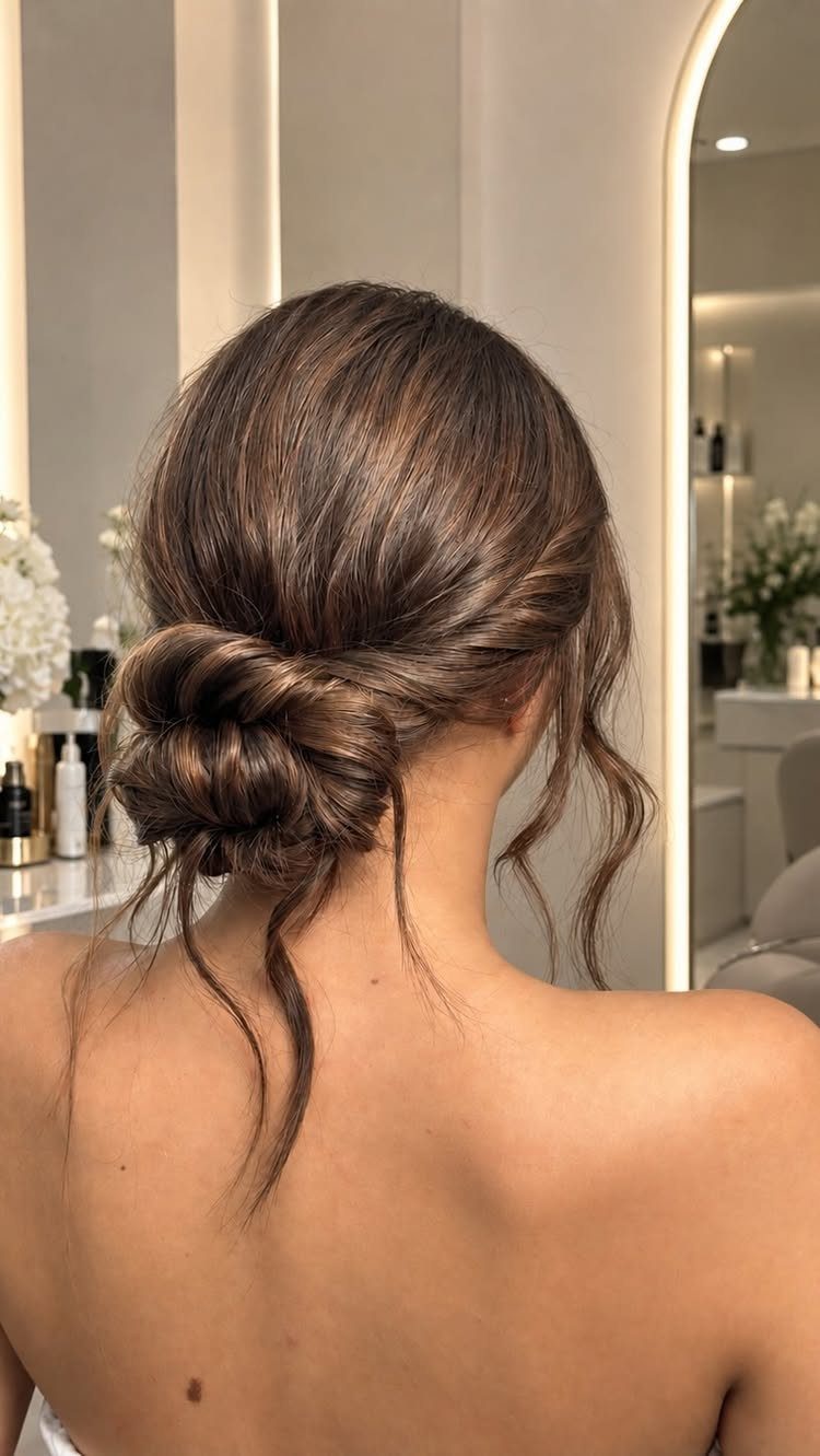 Brunette woman showing a loose, undone low chignon with wispy strands