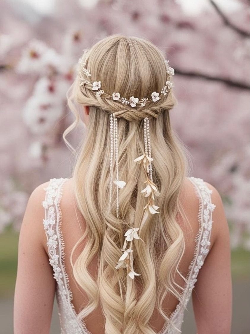 Long blonde half-up curls adorned with a delicate white flower crown