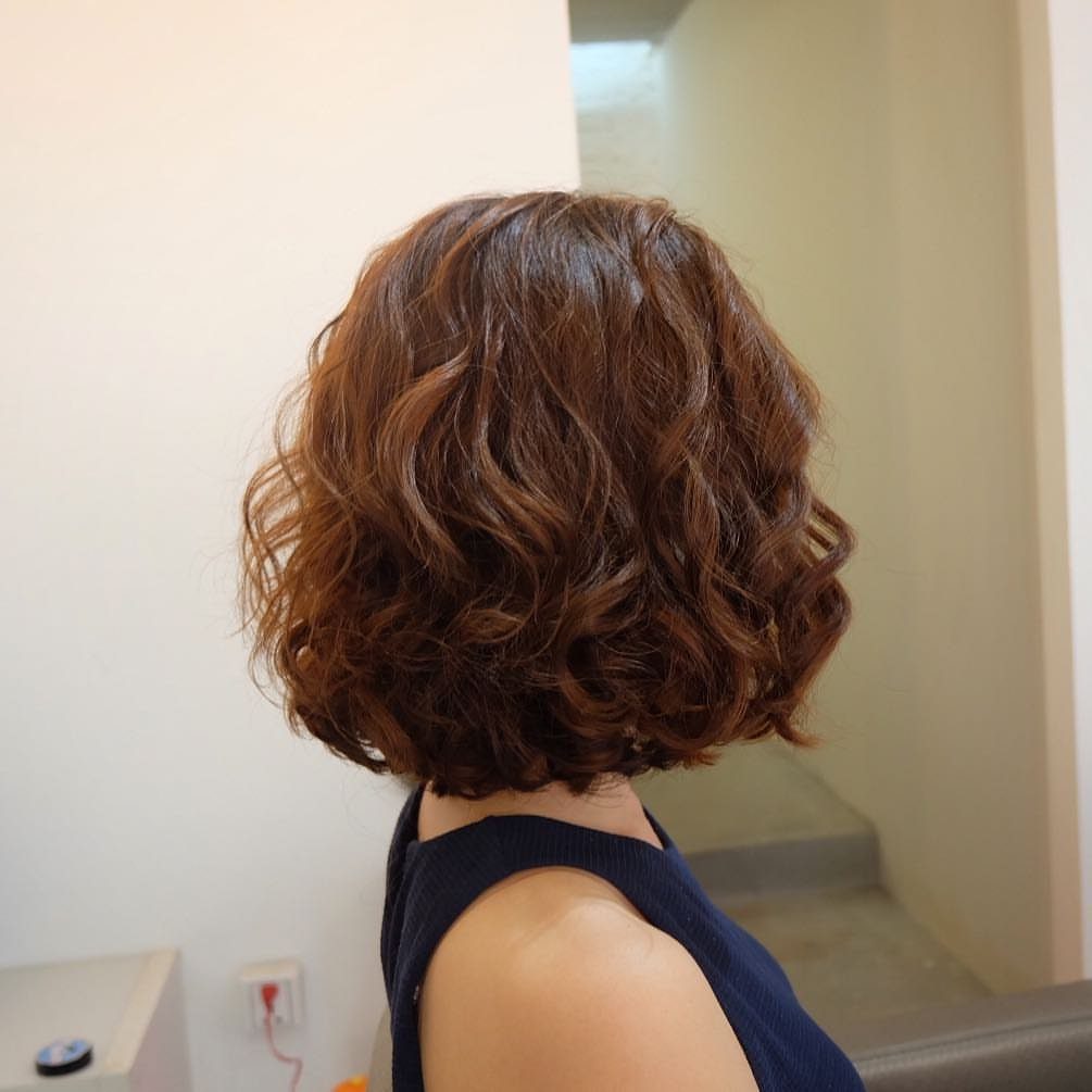 Wavy brown bob shown from behind with loose curls at chin length
