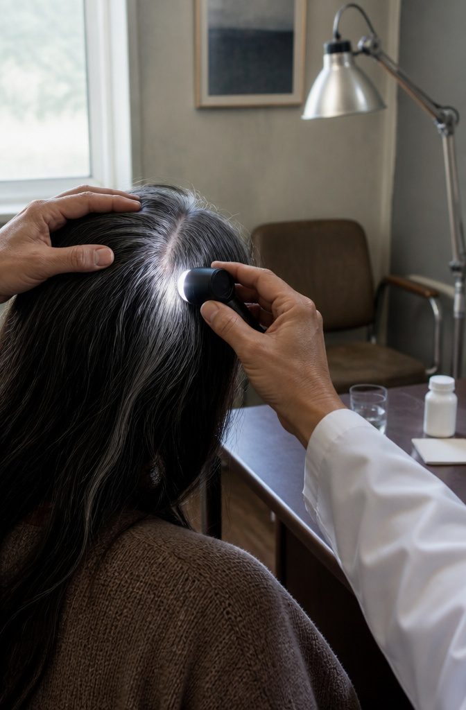Clinician examining silver-streaked hair with light beside covered medicine bottle