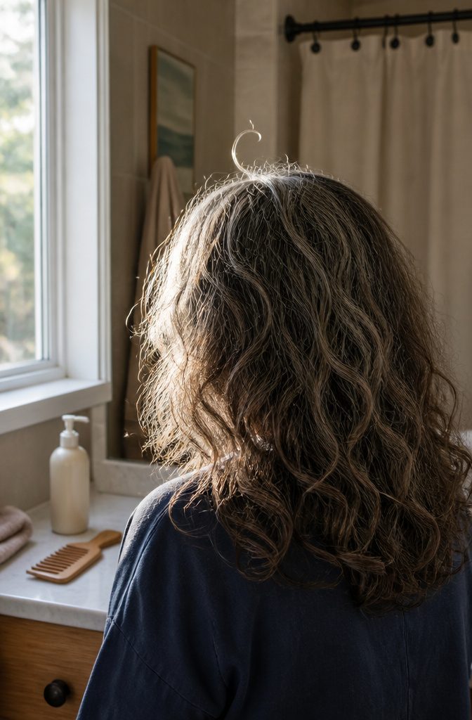 Adult’s wiry silver strands lifting from smoother darker hair