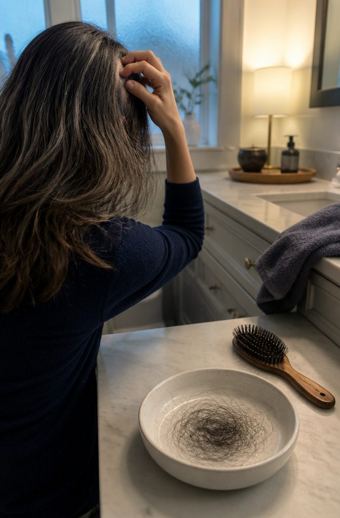Adult at bathroom vanity with shed gray and dark hairs in basin
