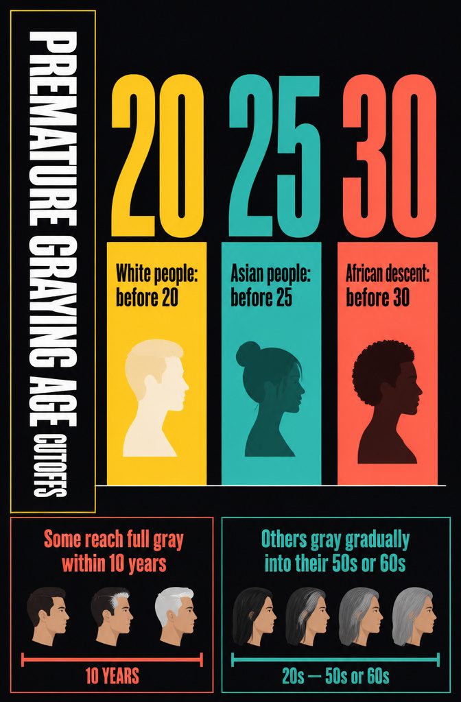 Graphic showing premature graying age cutoffs for different backgrounds