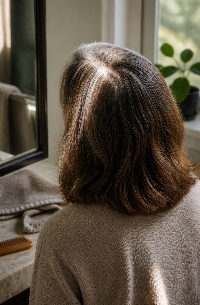 Older adult’s head with silver root growth among darker brown hair
