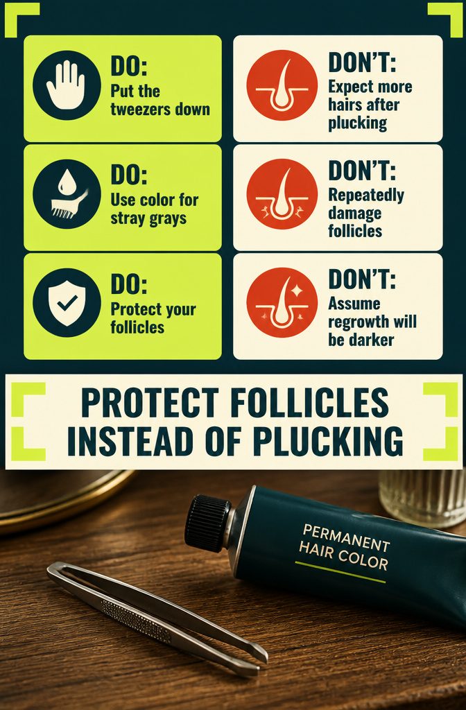 Graphic explaining why plucking gray hairs can damage follicles