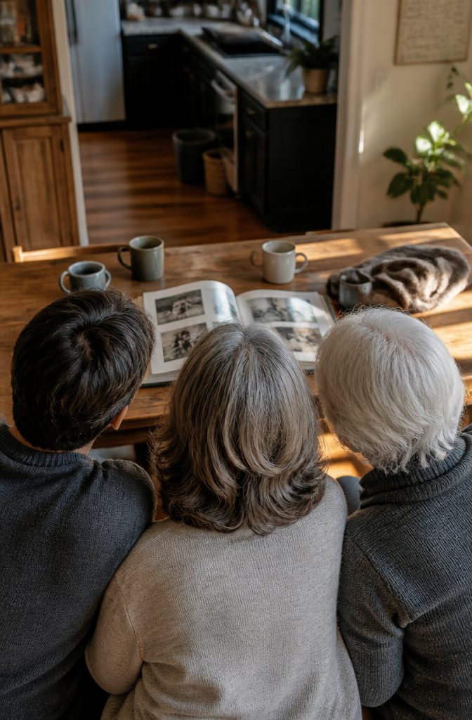 Three family generations seated at a kitchen table viewed from behind