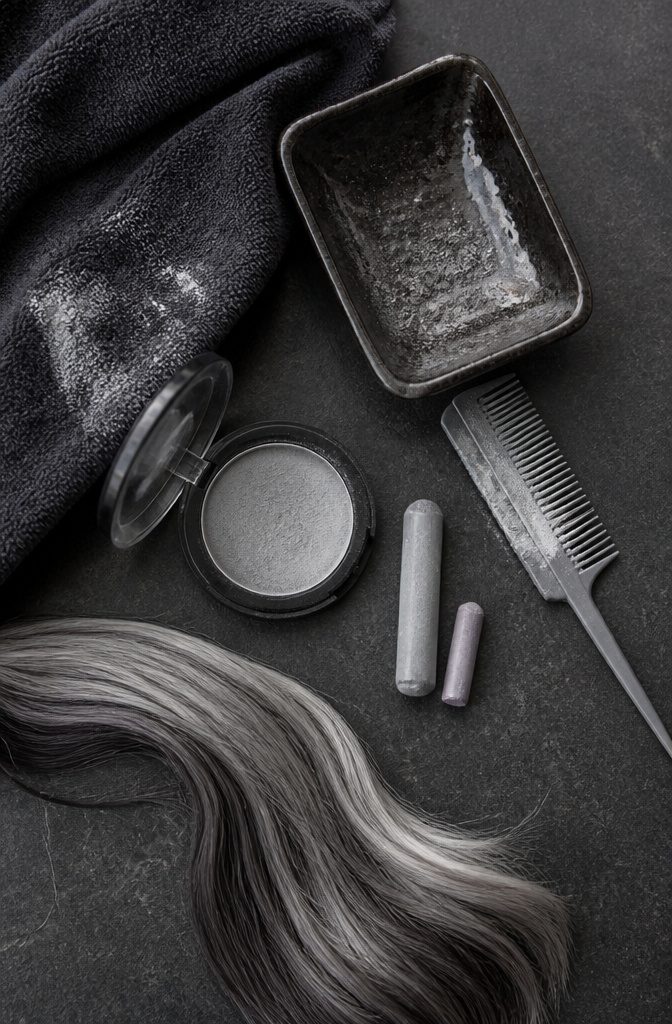 White and silver hair chalk products arranged for temporary hair color