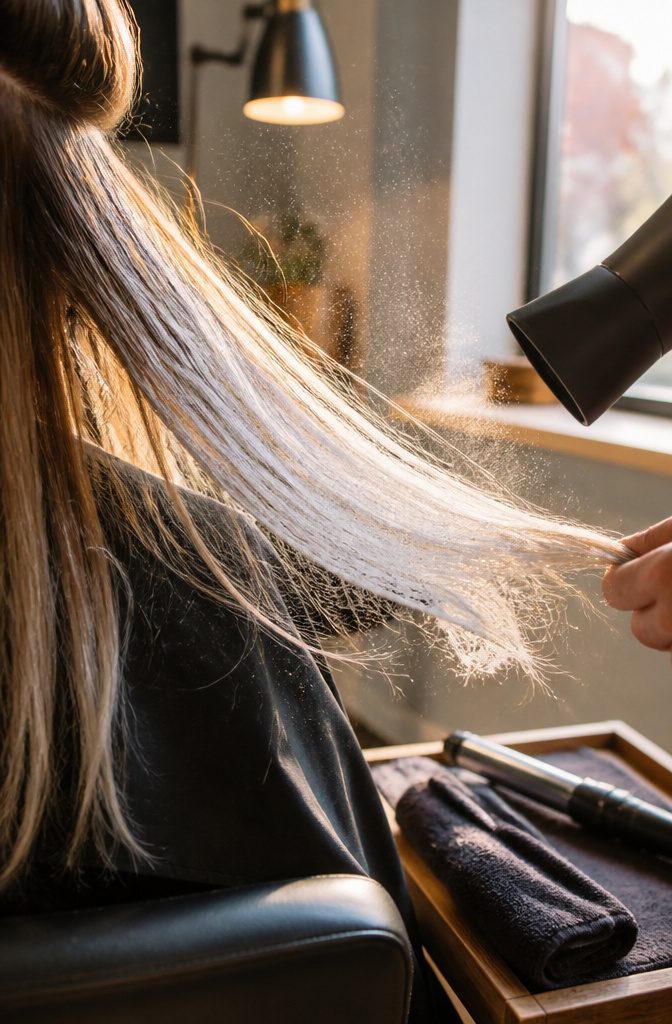 Blow dryer aimed at hair coated with white temporary chalk