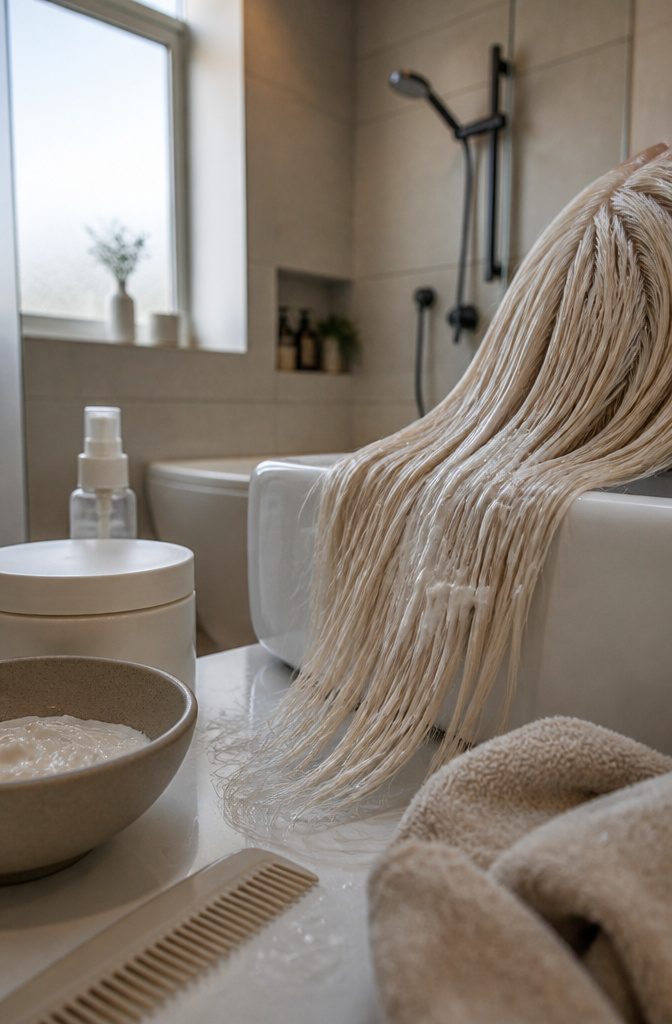 Pale hair over white salon basin with conditioner and hair care products