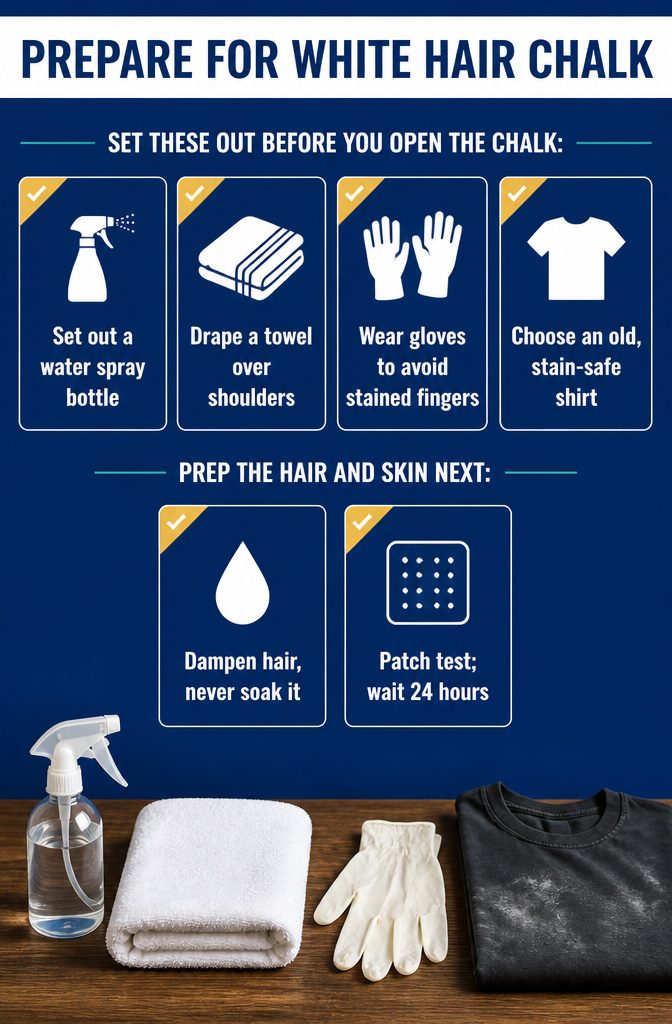 Gloves towel water spray bottle and old shirt for hair chalk preparation