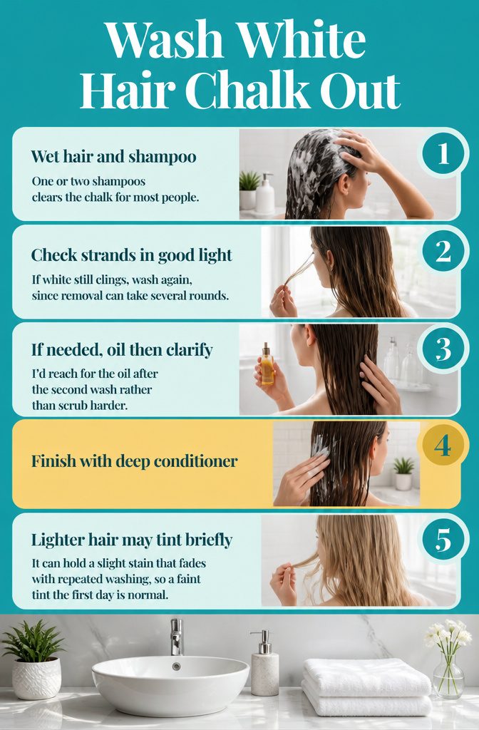 Hair washing supplies beside strands being cleaned of white chalk