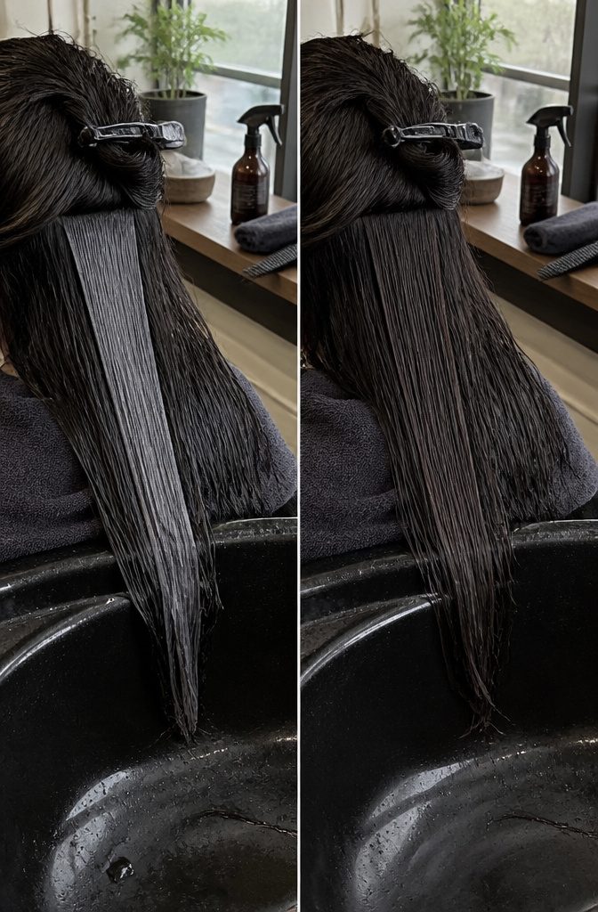 Dark brunette hair with a muted white chalk streak