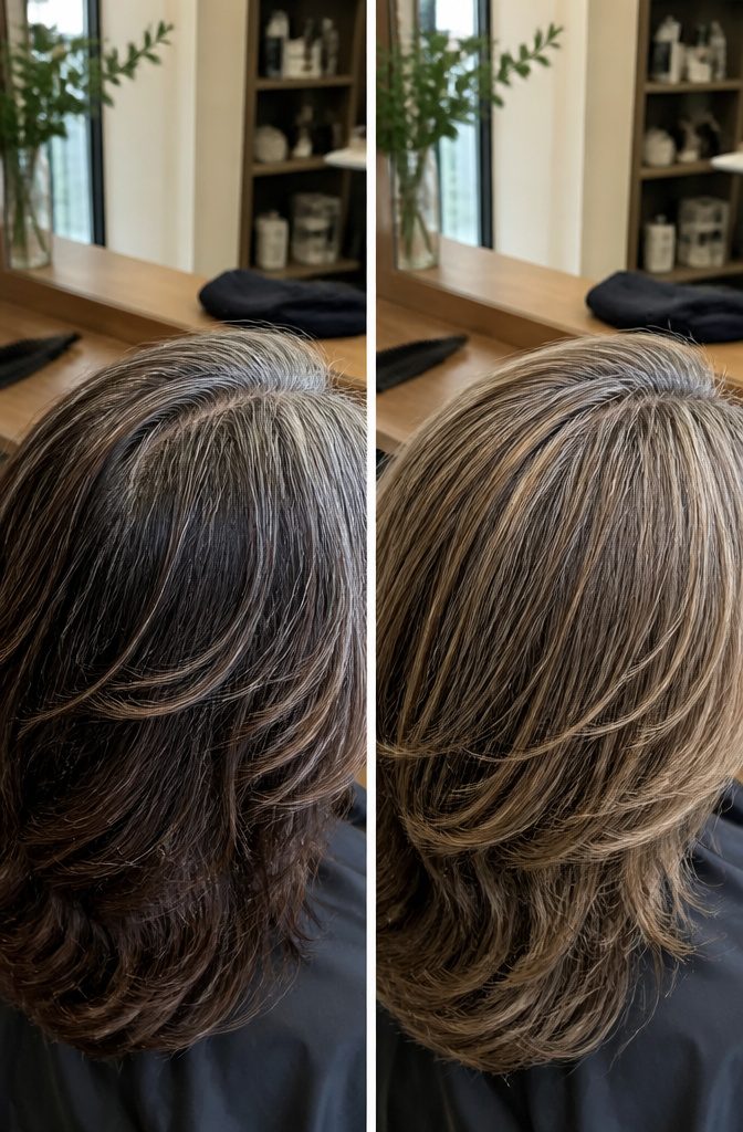 Hair photograph showing white strands mixed through darker hair