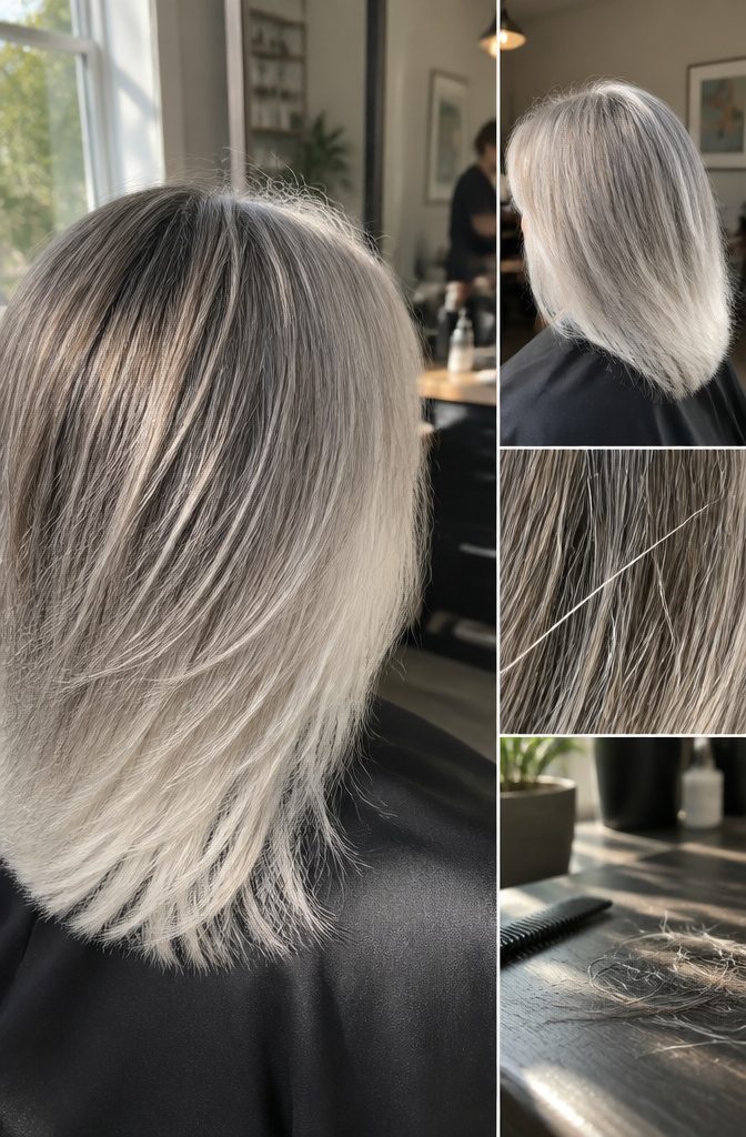 Hair photograph showing brown strands changing from dark to silver and white