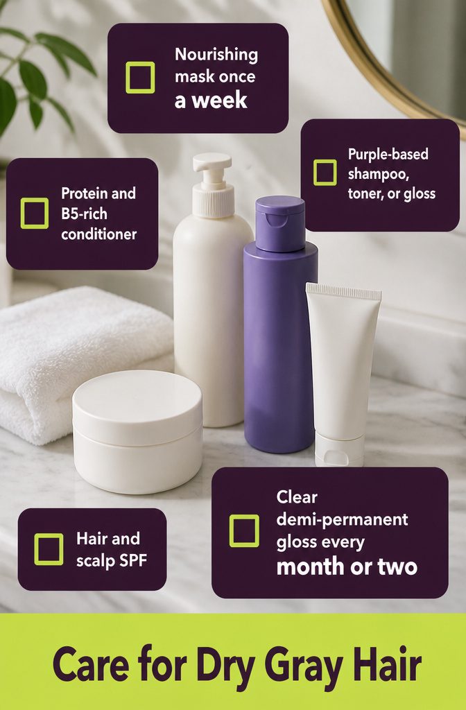 Information graphic showing care products for dry gray hair