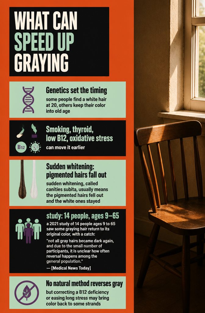 Information graphic listing factors that can speed up hair graying