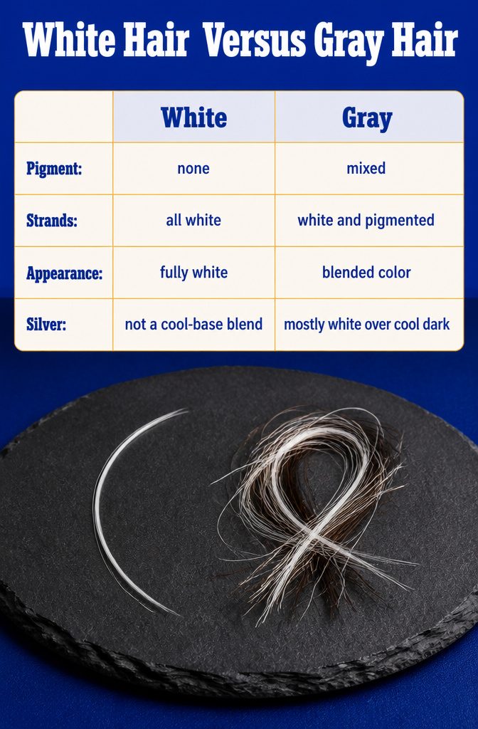Information graphic comparing white hair with gray hair and mixed strands