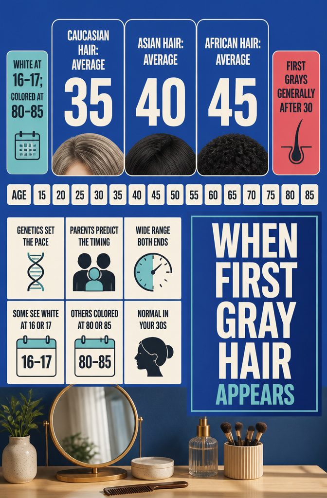 Information graphic showing ages when first gray hair may appear