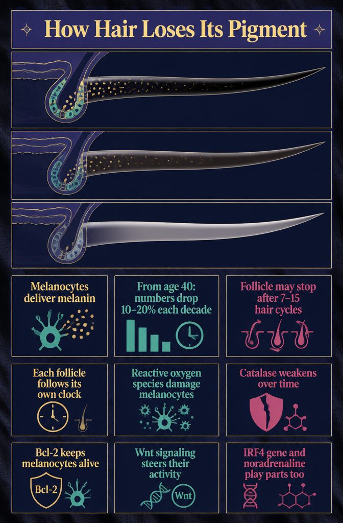 Information graphic showing how hair follicles lose pigment over time